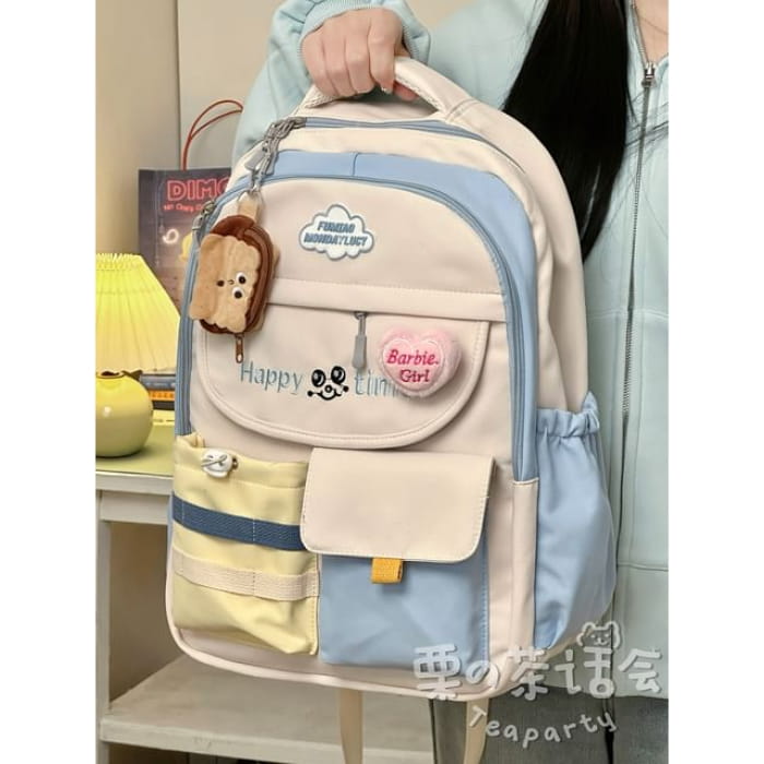 Letter Embroidered Multi-Pocket Tote Bag / Backpack / Charm