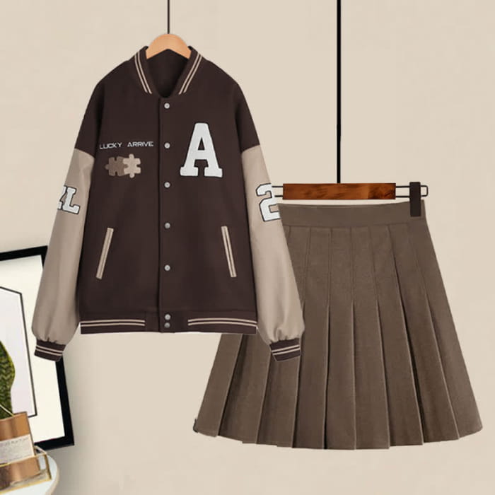 Letter Embroidery Baseball Jacket Pleated Skirt Set - M