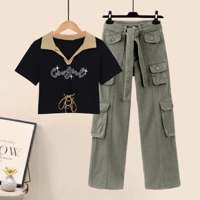 Letter Print Crop Top T-Shirt Cargo Pants Set - M