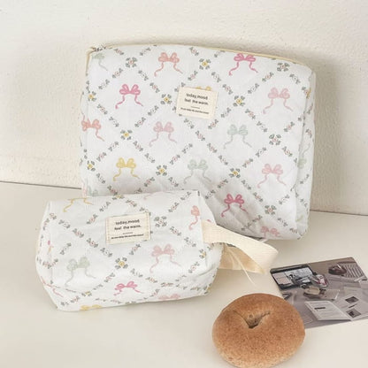 Lettering Applique Bow Fabric Makeup Bag / Clutch (Various