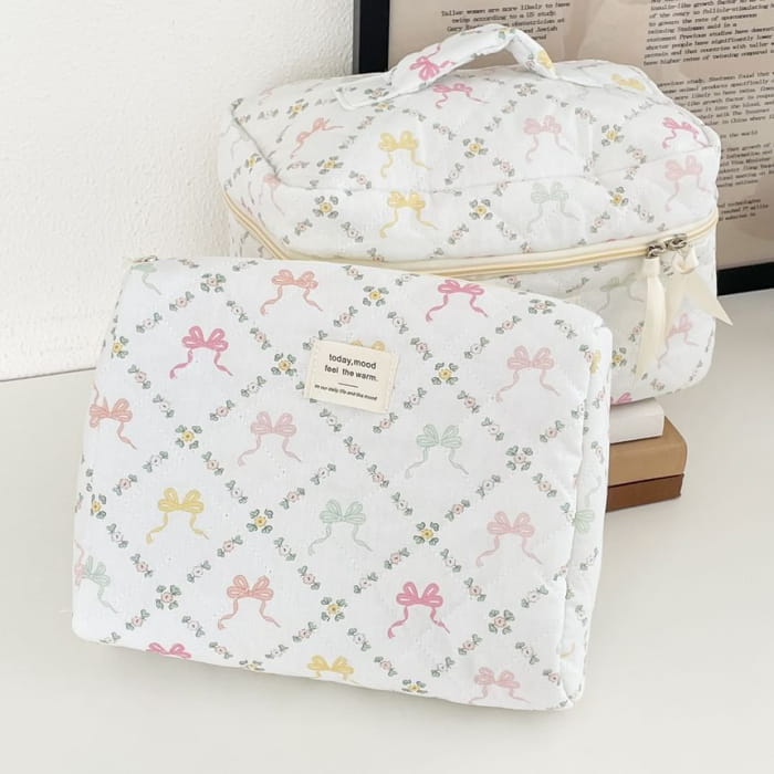 Lettering Applique Bow Fabric Makeup Bag / Clutch (Various