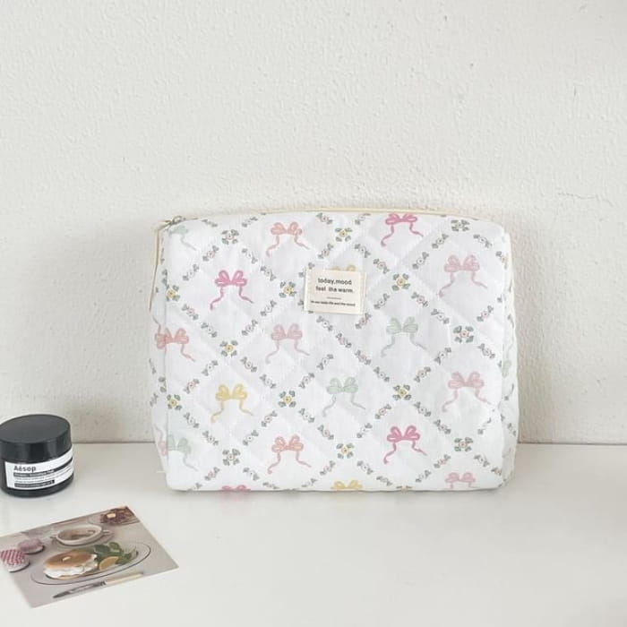 Lettering Applique Bow Fabric Makeup Bag / Clutch (Various