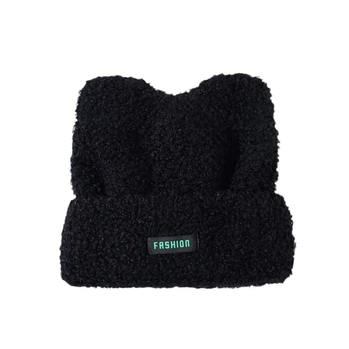 Lettering Applique Cat Ear Chenille Beanie