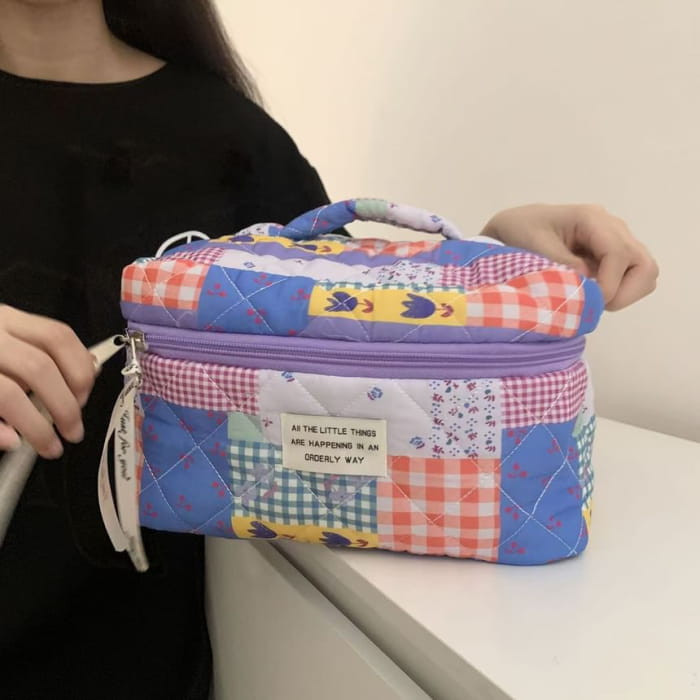 Lettering Applique Patchwork Fabric Makeup Bag / Clutch