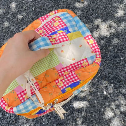 Lettering Applique Patchwork Fabric Makeup Bag / Clutch