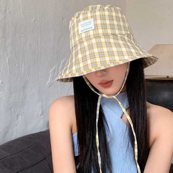 Lettering Applique Plaid Bucket Hat - Yellow / One Size