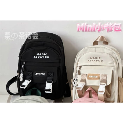 Lettering Buckled Backpack / Charm / Set - Backpacks