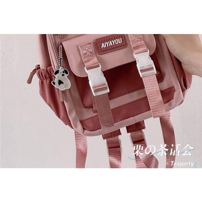 Lettering Buckled Backpack / Charm / Set - Backpacks