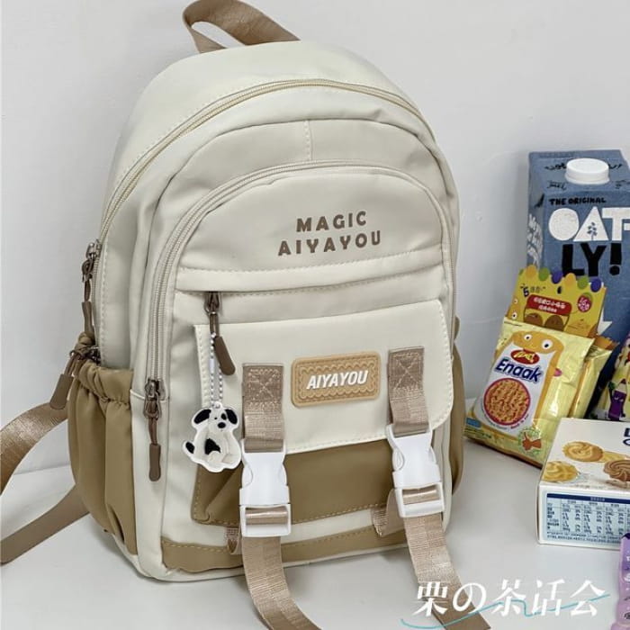 Lettering Buckled Backpack / Charm / Set - Backpacks