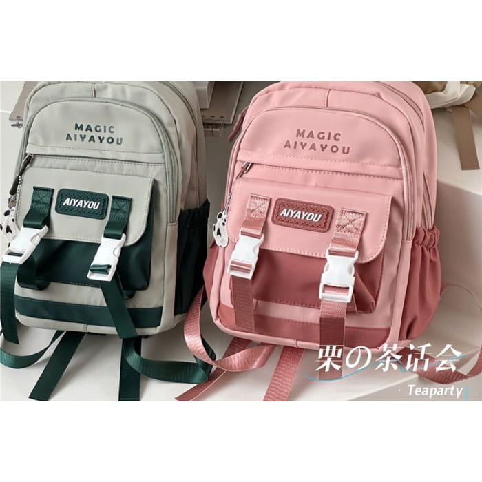 Lettering Buckled Backpack / Charm / Set - Backpacks