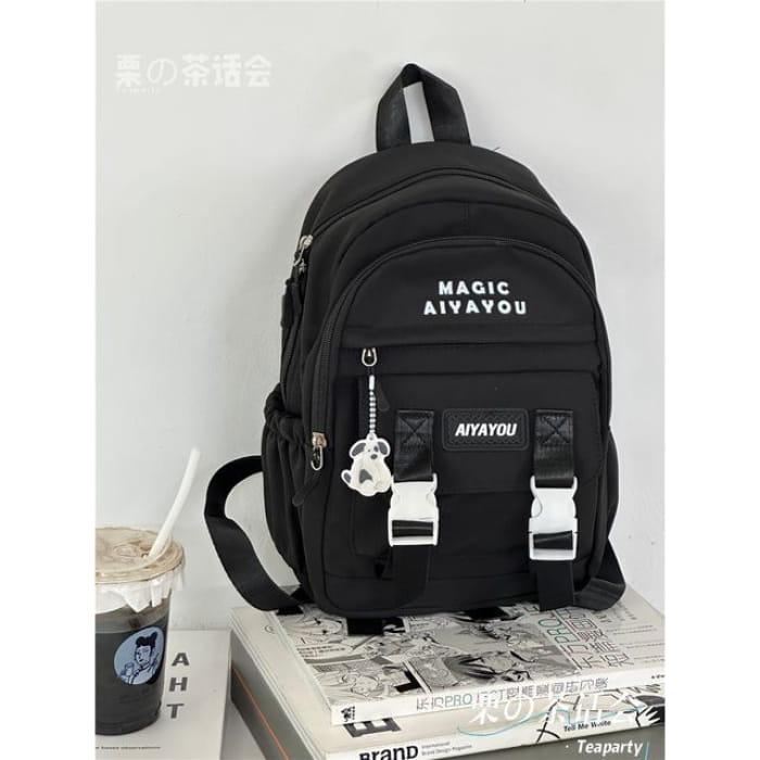 Lettering Buckled Backpack / Charm / Set - Black / One Size