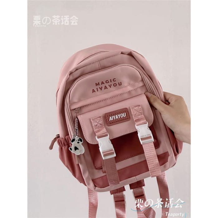 Lettering Buckled Backpack / Charm / Set - Pink / One Size