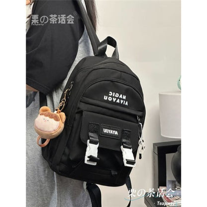 Lettering Buckled Backpack / Charm / Set - With Bear Ear