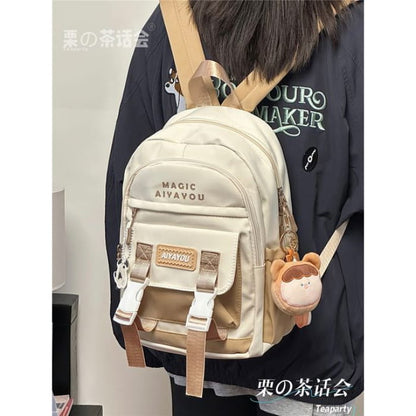 Lettering Buckled Backpack / Charm / Set - With Bear Ear