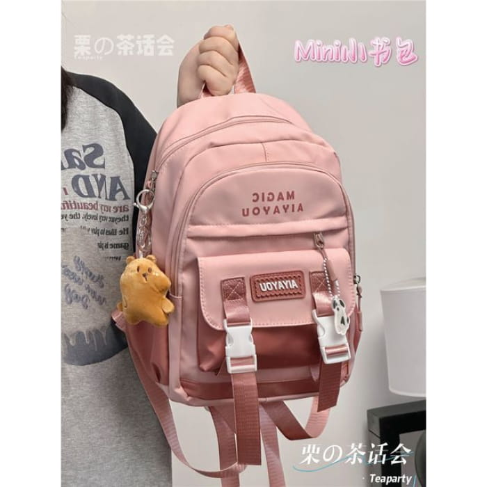 Lettering Buckled Backpack / Charm / Set - With Bear - Pink