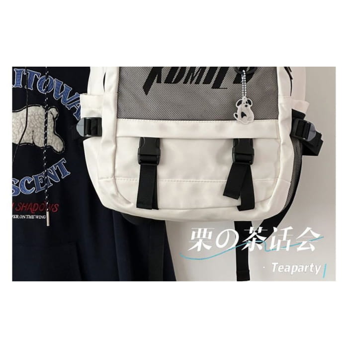 Lettering Buckled Paneled Backpack / Charm / Set - Backpacks