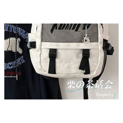 Lettering Buckled Paneled Backpack / Charm / Set - Backpacks