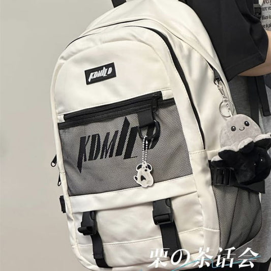 Lettering Buckled Paneled Backpack / Charm / Set - Backpacks