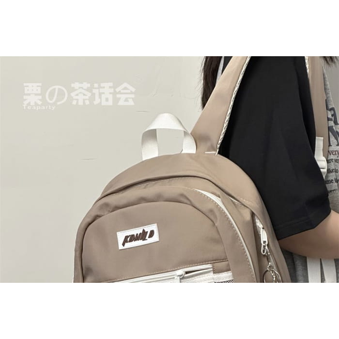 Lettering Buckled Paneled Backpack / Charm / Set - Backpacks