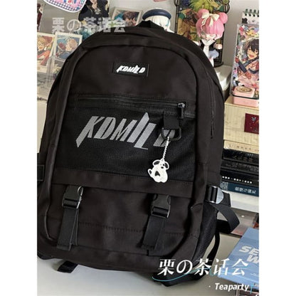 Lettering Buckled Paneled Backpack / Charm / Set - Black