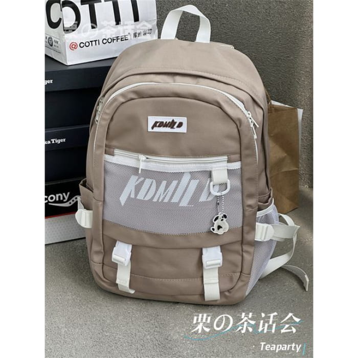 Lettering Buckled Paneled Backpack / Charm / Set - Brown