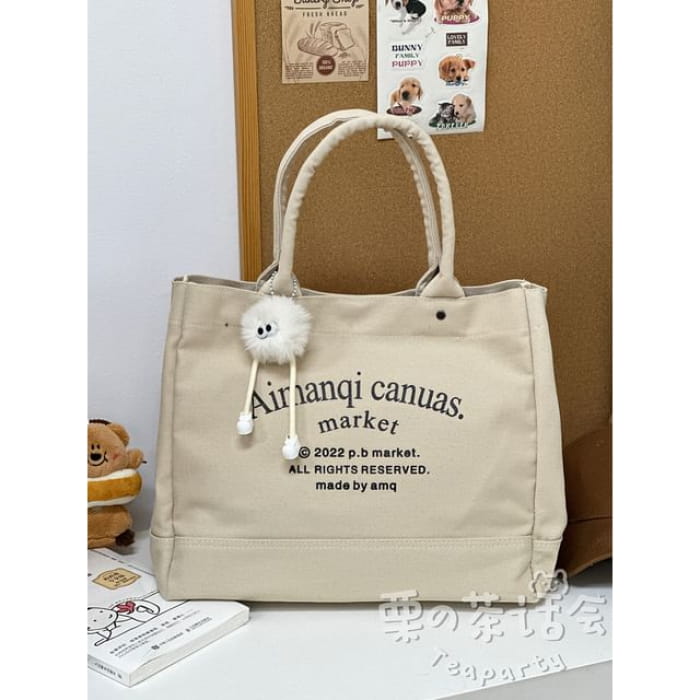 Lettering Canvas Tote Bag / Charm / Set - With - Off-White