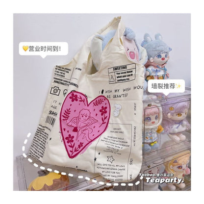 Lettering Cartoon Print Shopper Bag / Charm / Set