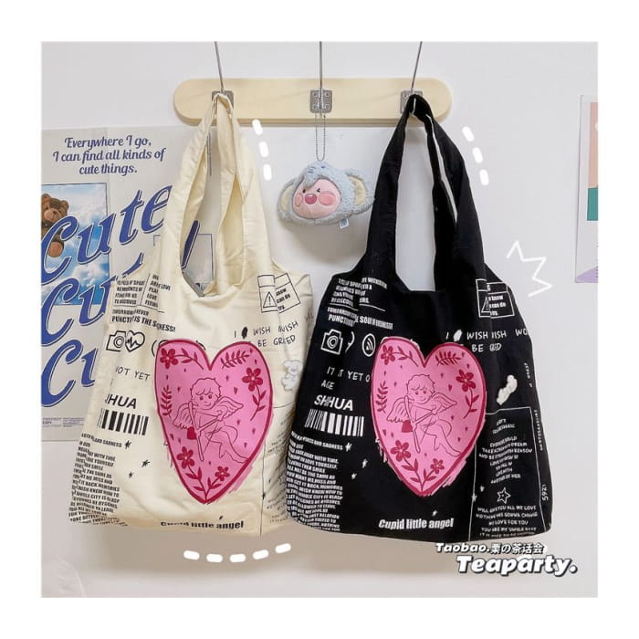 Lettering Cartoon Print Shopper Bag / Charm / Set