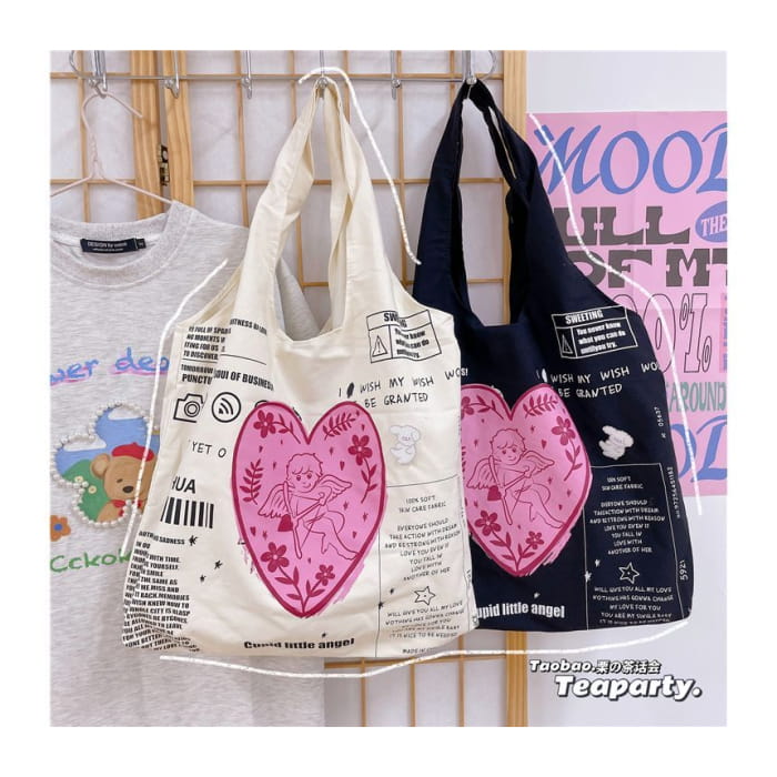 Lettering Cartoon Print Shopper Bag / Charm / Set