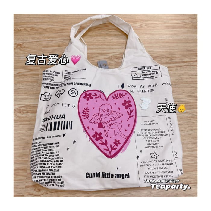 Lettering Cartoon Print Shopper Bag / Charm / Set