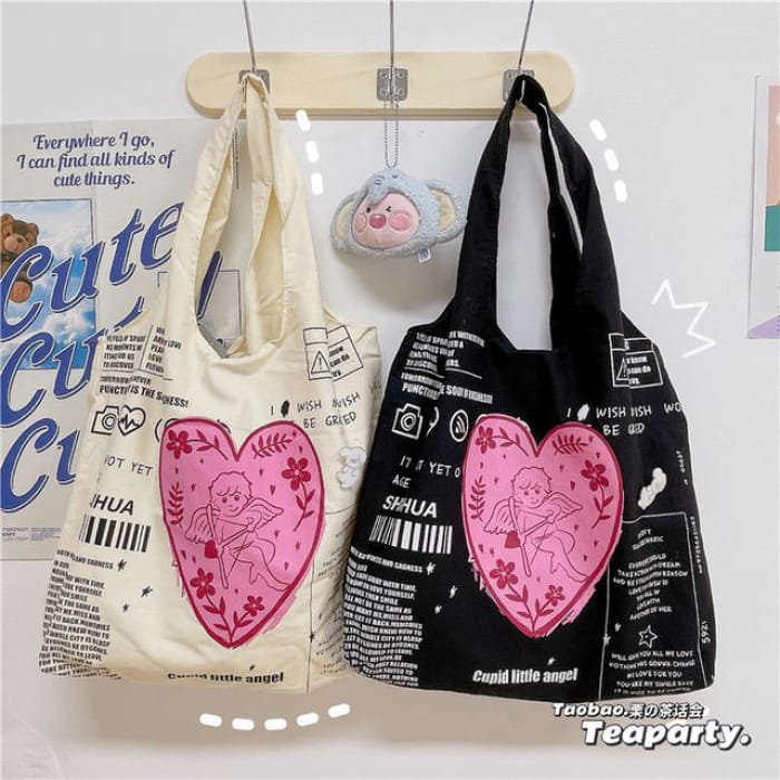 Lettering Cartoon Print Shopper Bag / Charm / Set