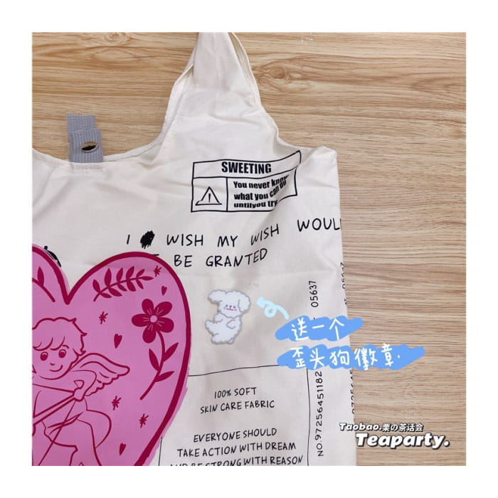 Lettering Cartoon Print Shopper Bag / Charm / Set