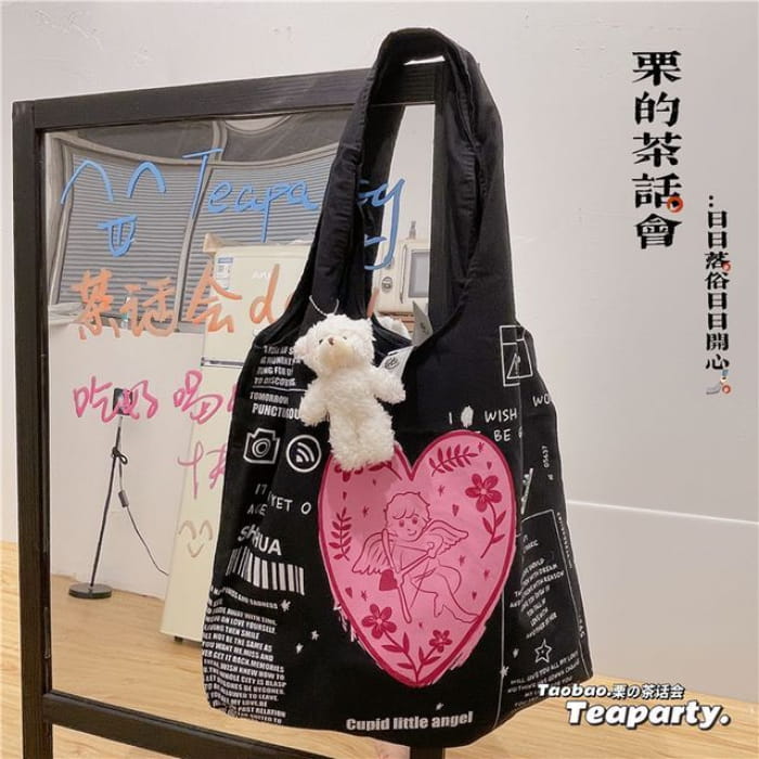 Lettering Cartoon Print Shopper Bag / Charm / Set