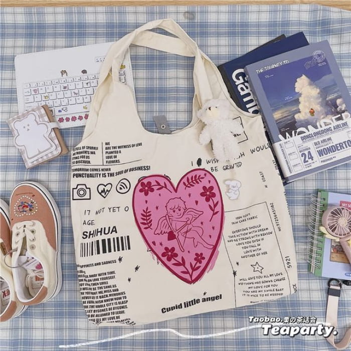 Lettering Cartoon Print Shopper Bag / Charm / Set