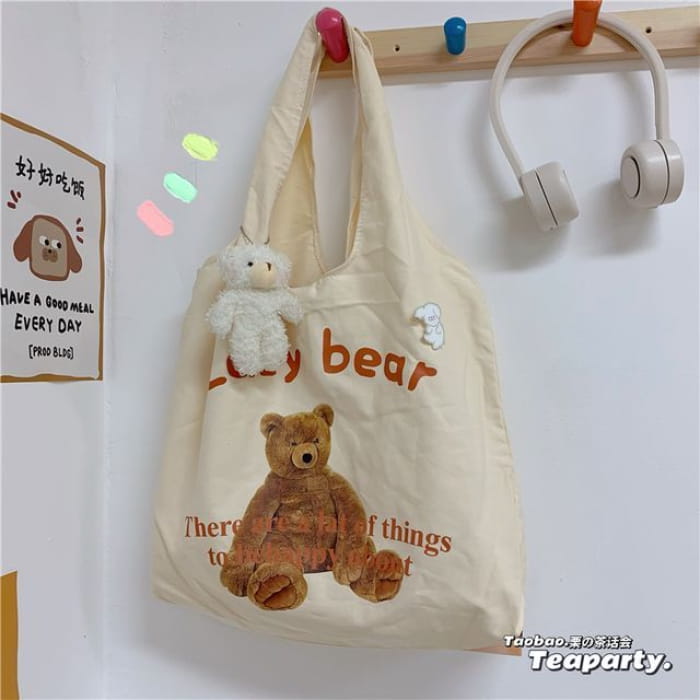 Lettering Cartoon Print Shopper Bag / Charm / Set