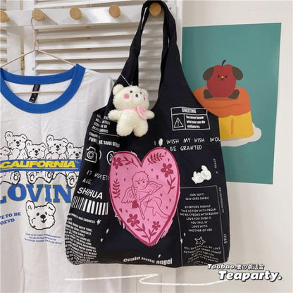 Lettering Cartoon Print Shopper Bag / Charm / Set