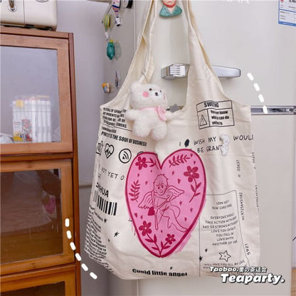 Lettering Cartoon Print Shopper Bag / Charm / Set