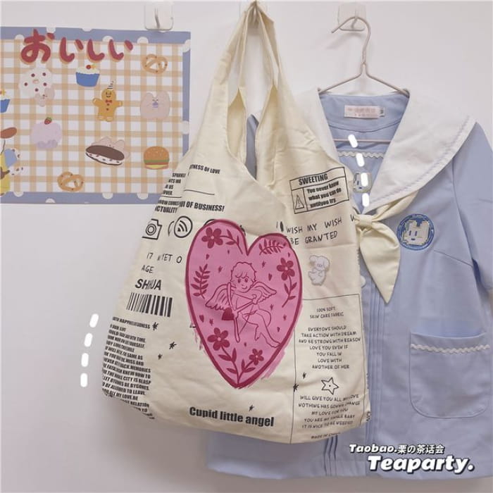 Lettering Cartoon Print Shopper Bag / Charm / Set - Without