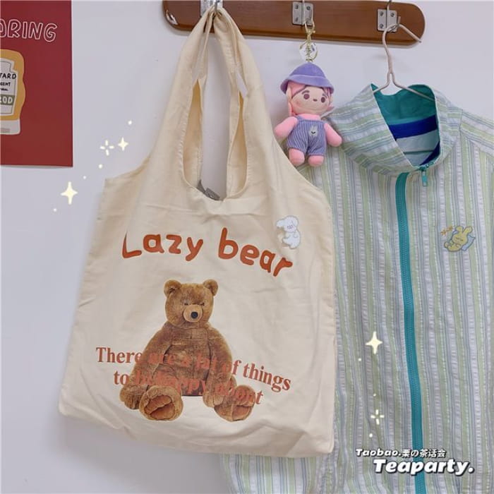 Lettering Cartoon Print Shopper Bag / Charm / Set - Without