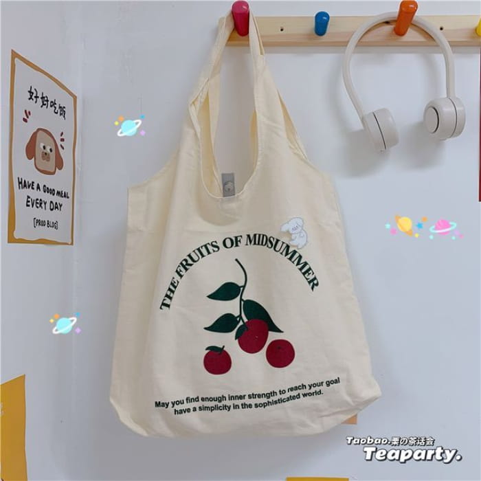 Lettering Cartoon Print Shopper Bag / Charm / Set - Without