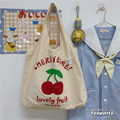 Lettering Cartoon Print Shopper Bag / Charm / Set - Without