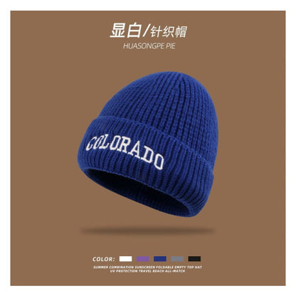 Lettering Embroidered Knit Beanie - Hats