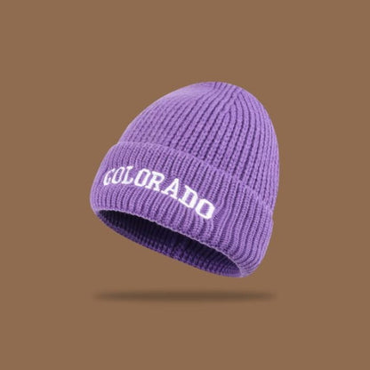 Lettering Embroidered Knit Beanie - Purple / M - Hats