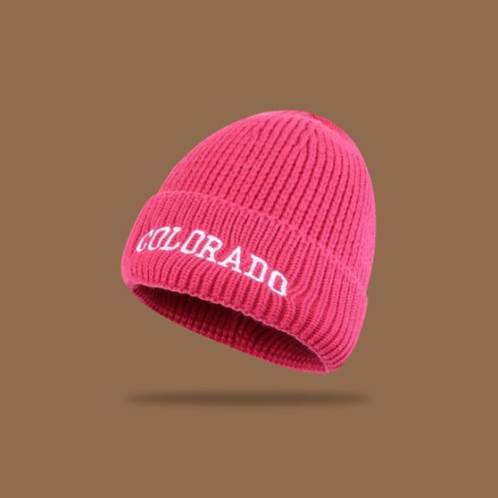 Lettering Embroidered Knit Beanie - Rose Pink / M - Hats