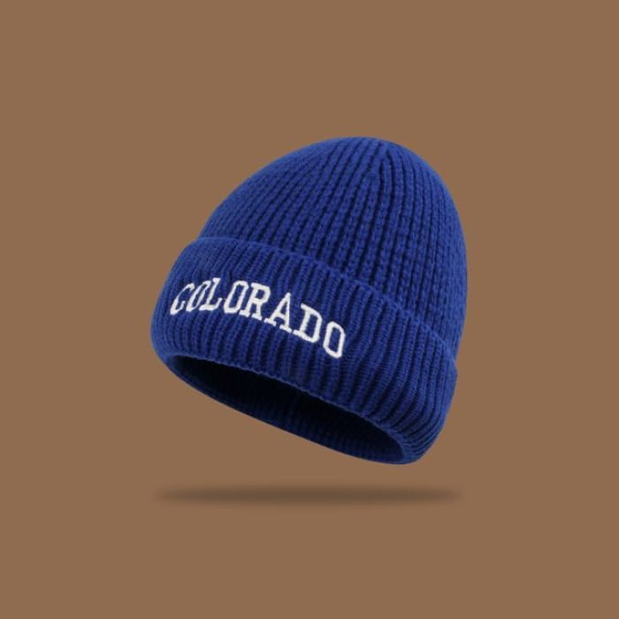 Lettering Embroidered Knit Beanie - Sapphire Blue / M - Hats