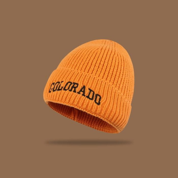 Lettering Embroidered Knit Beanie - Tangerine / M - Hats