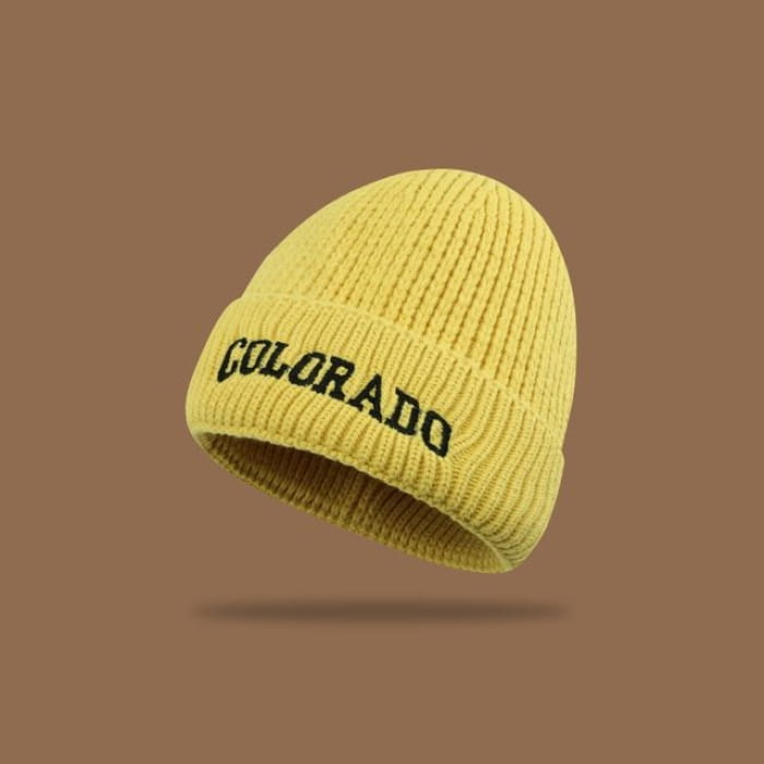 Lettering Embroidered Knit Beanie - Yellow / M - Hats