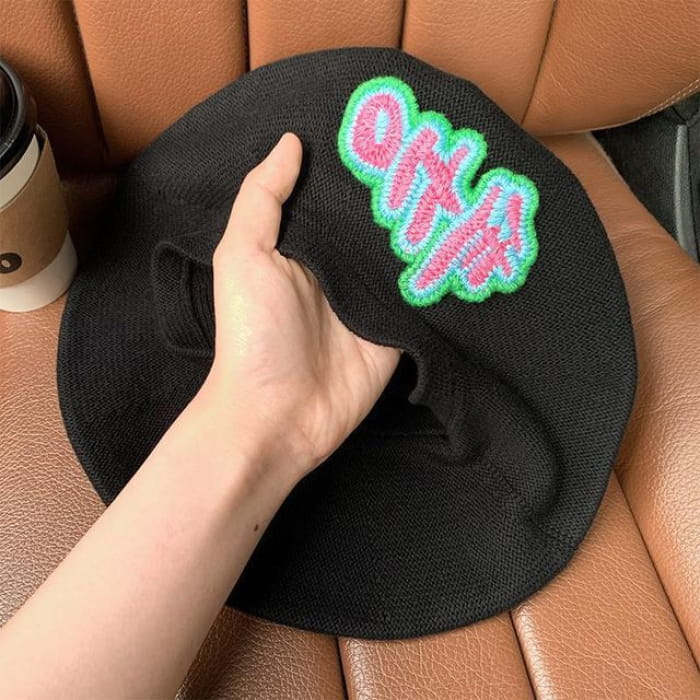 Lettering Embroidered Knit Beret - Black / One Size - Hats