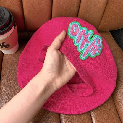 Lettering Embroidered Knit Beret - Rose Pink / One Size