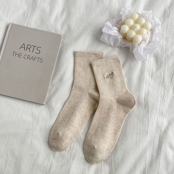 Lettering Embroidered Socks / Set - Khaki / One Size